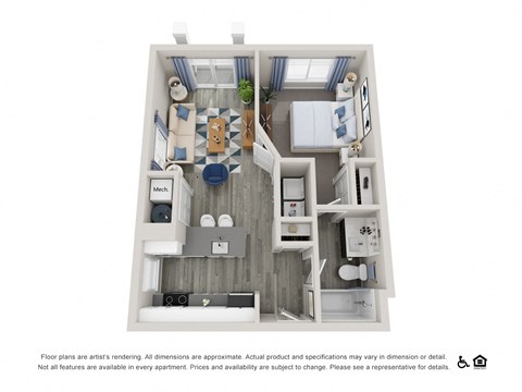 Floor plan for 1 bed, 1 bath, 626 sqft